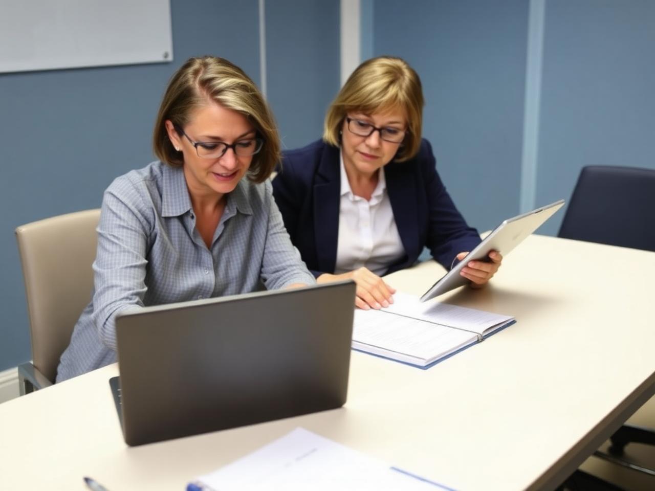 Deux responsables d’association vérifient le suivi des cotisations sur un ordinateur portable.