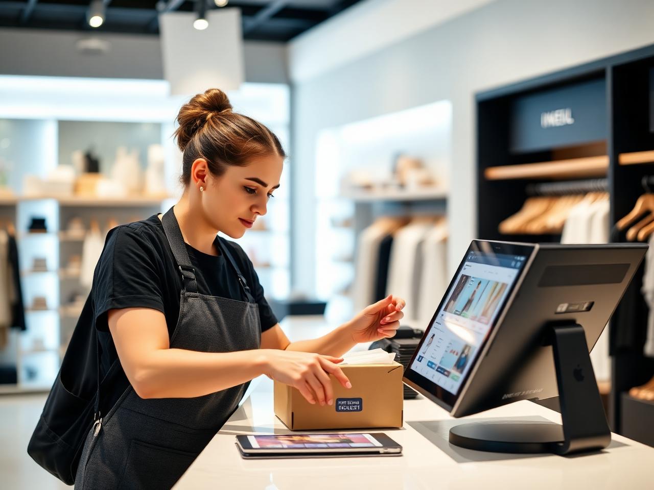 Employée préparant une commande de cueillette en consultant un écran d’inventaire.