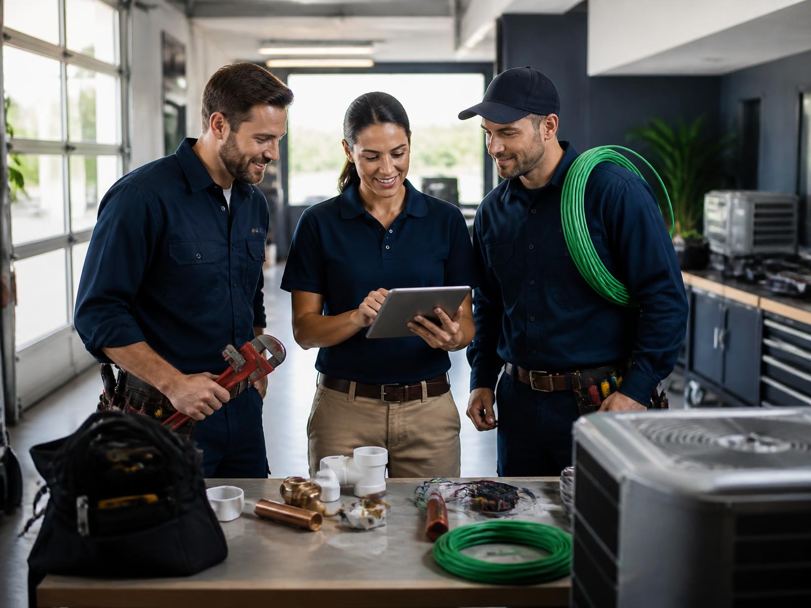 Équipe de prestataires de services planifiant leurs interventions sur une tablette
